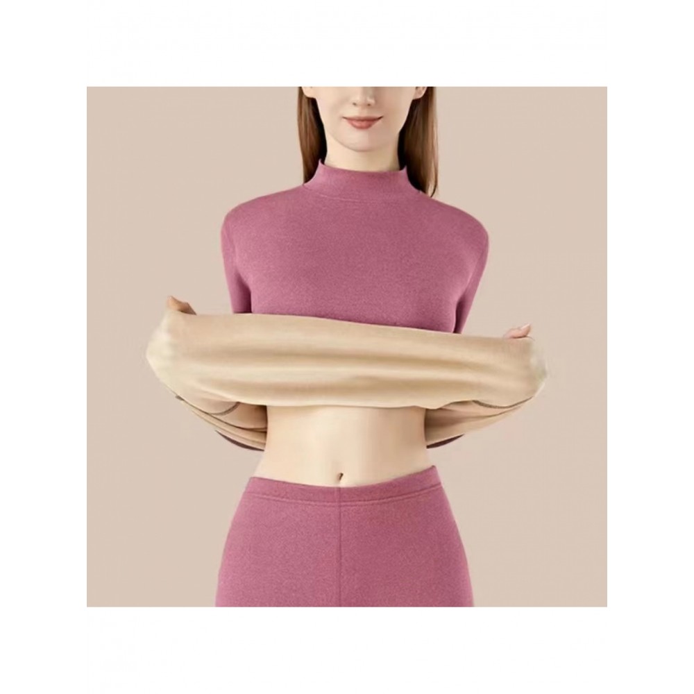 Plus Size - Women'S Thermal Underwear Set - Fleece-Lined Thickened Winter Panties, Full Coverage Round Neck Base Layer, Soft Stretchy Fabric for Cold Weather, Everyday & Formal Wear, Cozy Warmth, Seamless Design, Layering Essentials (Solid Color)