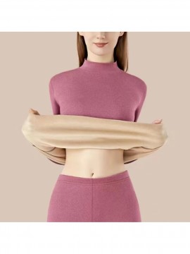 Plus Size - Women'S Thermal Underwear Set - Fleece-Lined Thickened Winter Panties, Full Coverage Round Neck Base Layer, Soft Stretchy Fabric for Cold Weather, Everyday & Formal Wear, Cozy Warmth, Seamless Design, Layering Essentials (Solid Color)