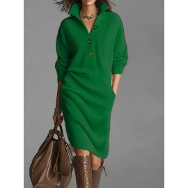 Plus Size - Hertalk'S New Button- Lapel Loose Straight Dress Is a Mid-Length Sweater Dress