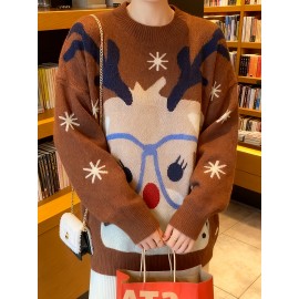 Plus Size, Women's Christmas Reindeer & Snowflake Jacquard Sweater - Loose Fit Pullover Sweaters with Reindeer Patterns, Round Neck Winter Sweaters for Xmas Parties, Casual Holiday Outfits (Bright Colors) - Cozy Winter Wear for non-Stretch