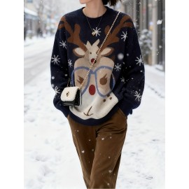Plus Size, Women's Christmas Reindeer & Snowflake Jacquard Sweater - Loose Fit Pullover Sweaters with Reindeer Patterns, Round Neck Winter Sweaters for Xmas Parties, Casual Holiday Outfits (Bright Colors) - Cozy Winter Wear for non-Stretch