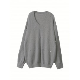 Plus Size - Women'S Asymmetrical V-Neck Geometric Sweater - Soft Pastel Winter Pullover with Trim, Cozy Casual Sweater for Everyday & Semi-Formal Outfits, Relaxed Fit Layering Piece, Easy-Care Durable Design