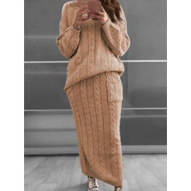 Plus Size - HERTALK Fall/Winter New Arrival Women'S Fashion Cable- Sweater Set Dress | Asymmetrical Hem, Crew Neck, Non-Stretch Fabric, Drop Shoulder Sleeves