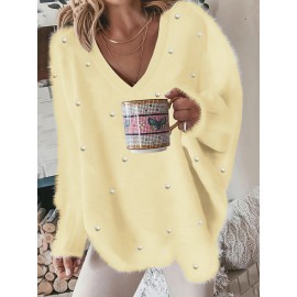 Plus Size, New Fall Winter Plus Size Women's V-Neck Beaded Sweater - Solid Color Top with Bead Accent Asymmetrical Collar, Cozy Winter Pullover for Casual & Dressy Outfits, Hand Washable (Immediate Shipment)