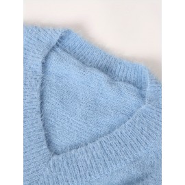 Plus Size, New Fall Winter Plus Size Women's V-Neck Beaded Sweater - Solid Color Top with Bead Accent Asymmetrical Collar, Cozy Winter Pullover for Casual & Dressy Outfits, Hand Washable (Immediate Shipment)