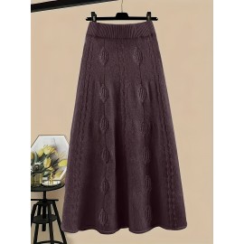 Plus Size - Two-Piece High-Neck Sweater and Midi Skirt Set | Elegant Color Block Design, Slight Stretch Fabric, Suitable for Fall/Winter, Brand: JNQUALYTRIX