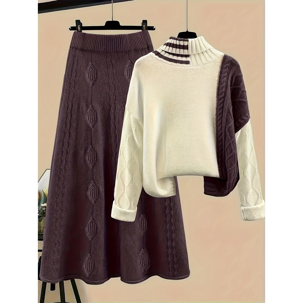 Plus Size - Two-Piece High-Neck Sweater and Midi Skirt Set | Elegant Color Block Design, Slight Stretch Fabric, Suitable for Fall/Winter, Brand: JNQUALYTRIX