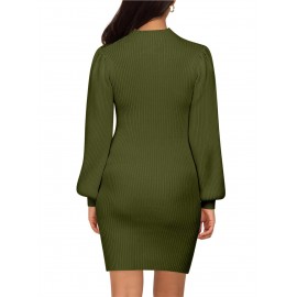 Plus Size - Pregnant Women Maternity Sweater Dress Turtleneck Puff Sleeve Slim Fit Bodycon Mini Dress