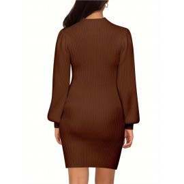 Plus Size - Pregnant Women Maternity Sweater Dress Turtleneck Puff Sleeve Slim Fit Bodycon Mini Dress