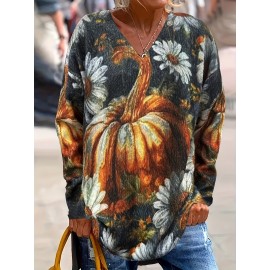 Plus Size Autumn And Winter Women's Clothing, Mink Fur Halloween Oversized Pumpkin Warm Sweater, Full Print V-neck Short Knitted Set