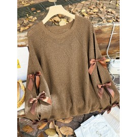 Plus Size, Two-piece plus-size retro sweet style, round-neck lantern sleeve bow sweater