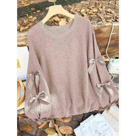 Plus Size, Two-piece plus-size retro sweet style, round-neck lantern sleeve bow sweater