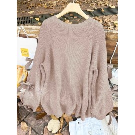 Plus Size, Two-piece plus-size retro sweet style, round-neck lantern sleeve bow sweater