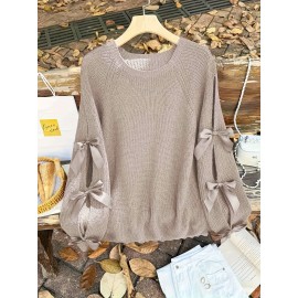 Plus Size, Two-piece plus-size retro sweet style, round-neck lantern sleeve bow sweater