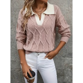 Plus Size - Plus Size Miye Sweater | Fall/Winter Color Block Turn- Collar Elegant Fashion Women'S Pullover Long Sleeve with Rib- Details