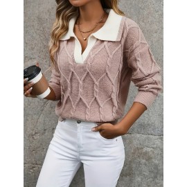 Plus Size - Plus Size Miye Sweater | Fall/Winter Color Block Turn- Collar Elegant Fashion Women'S Pullover Long Sleeve with Rib- Details