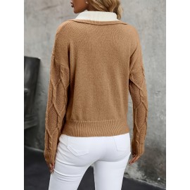 Plus Size - Plus Size Miye Sweater | Fall/Winter Color Block Turn- Collar Elegant Fashion Women'S Pullover Long Sleeve with Rib- Details