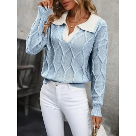 Plus Size - Plus Size Miye Sweater | Fall/Winter Color Block Turn- Collar Elegant Fashion Women'S Pullover Long Sleeve with Rib- Details