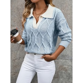 Plus Size - Plus Size Miye Sweater | Fall/Winter Color Block Turn- Collar Elegant Fashion Women'S Pullover Long Sleeve with Rib- Details