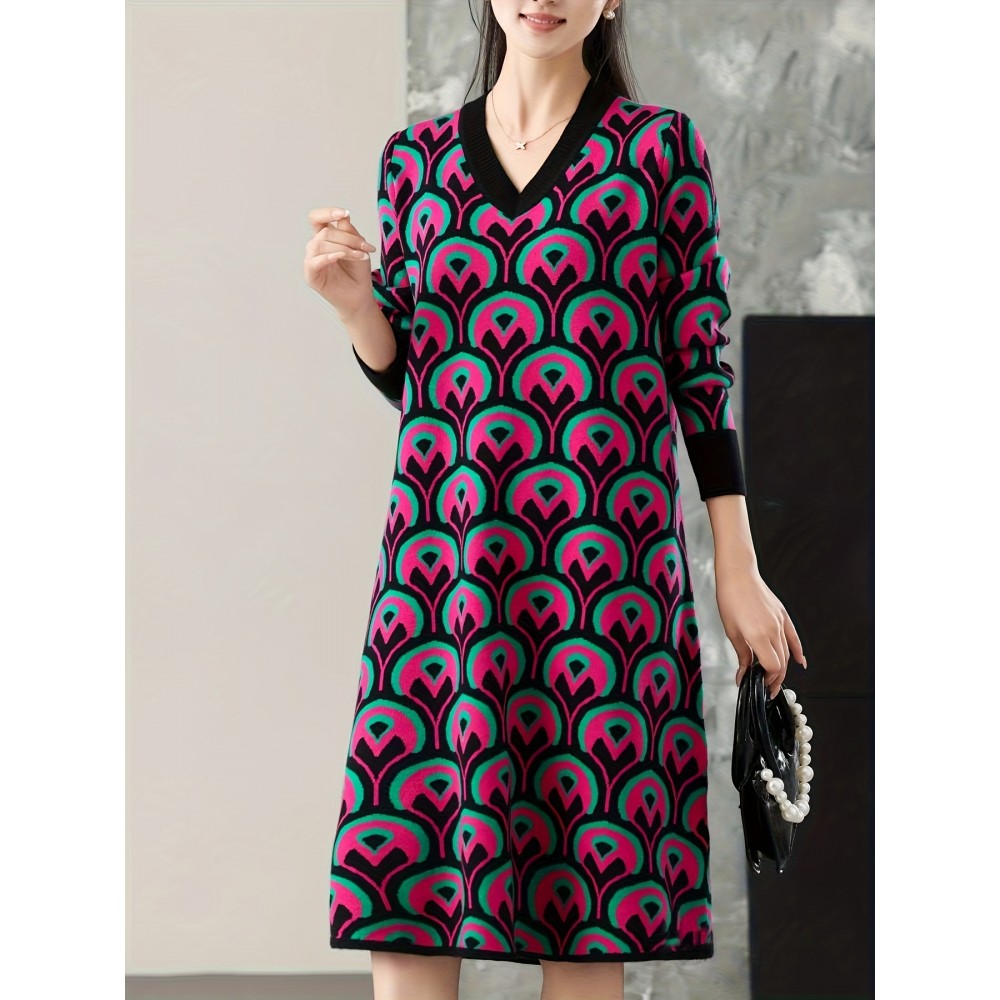 Plus Size - Plus Size Women'S V-Neck Sweater Dress | Mid-Length, Geometric Pattern, Stretchy Fabric, Regular Fit for Fall/Winter, Ideal for Office and Party Wear