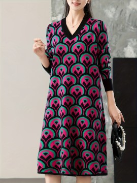 Plus Size - Plus Size Women'S V-Neck Sweater Dress | Mid-Length, Geometric Pattern, Stretchy Fabric, Regular Fit for Fall/Winter, Ideal for Office and Party Wear