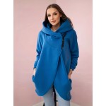 Plus Size - Plus Size - Women'S Plus Size Oversized Hooded Fleece-Lined Zippered Jacket - Thick Winter Coat with Asymmetrical Hem & Chain Detail, Full-Zip Front Closure, Machine Washable Solid Color Casual Sweatshirt For Fall/winter, Winter Jacket