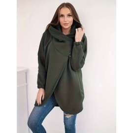 Plus Size - Plus Size - Women'S Plus Size Oversized Hooded Fleece-Lined Zippered Jacket - Thick Winter Coat with Asymmetrical Hem & Chain Detail, Full-Zip Front Closure, Machine Washable Solid Color Casual Sweatshirt For Fall/winter, Winter Jacket