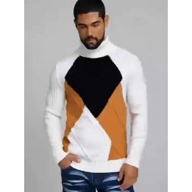 Men'S New Color-Blocked High-Neck Long-Sleeve Retro College-Style Knitted Base Layer for Casual Autumn And Winter