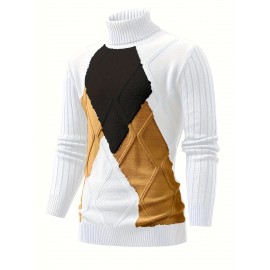 Men'S New Color-Blocked High-Neck Long-Sleeve Retro College-Style Knitted Base Layer for Casual Autumn And Winter