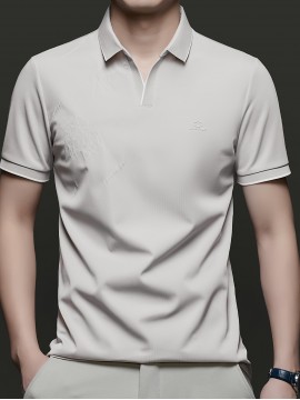 Men's Summer Short-Sleeve Collar Knit Shirt - Breathable V-Notch Blouse, Machine-Washable Casual & -Casual Tunic Top, Color-Blocking Trim (Short T) for Spring/Summer - In Stock 2518