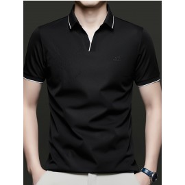 Men's Summer Short-Sleeve Collar Knit Shirt - Breathable V-Notch Blouse, Machine-Washable Casual & -Casual Tunic Top, Color-Blocking Trim (Short T) for Spring/Summer - In Stock 2518