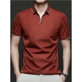 Men's Summer Short-Sleeve Collar Knit Shirt - Breathable V-Notch Blouse, Machine-Washable Casual & -Casual Tunic Top, Color-Blocking Trim (Short T) for Spring/Summer - In Stock 2518