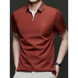 Men's Summer Short-Sleeve Collar Knit Shirt - Breathable V-Notch Blouse, Machine-Washable Casual & -Casual Tunic Top, Color-Blocking Trim (Short T) for Spring/Summer - In Stock 2518
