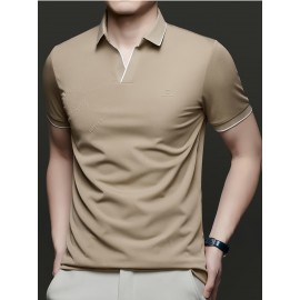 Men's Summer Short-Sleeve Collar Knit Shirt - Breathable V-Notch Blouse, Machine-Washable Casual & -Casual Tunic Top, Color-Blocking Trim (Short T) for Spring/Summer - In Stock 2518