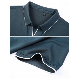 Men's Summer Short-Sleeve Collar Knit Shirt - Breathable V-Notch Blouse, Machine-Washable Casual & -Casual Tunic Top, Color-Blocking Trim (Short T) for Spring/Summer - In Stock 2518