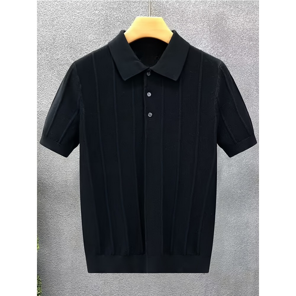 Luxury Knit Short Sleeve Polo Shirt for Men | Summer New Solid Color Lapel Collar Casual Tops, Button Details, Regular Fit