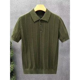 Luxury Knit Short Sleeve Polo Shirt for Men | Summer New Solid Color Lapel Collar Casual Tops, Button Details, Regular Fit