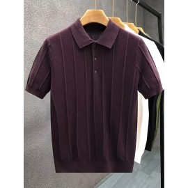 Luxury Knit Short Sleeve Polo Shirt for Men | Summer New Solid Color Lapel Collar Casual Tops, Button Details, Regular Fit