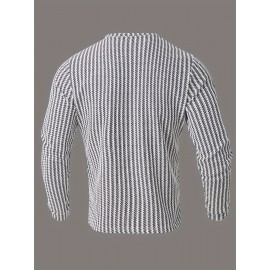 Men's Fashion Casual Long Sleeve Henley Shirt | Premium Houndstooth Jacquard Henley Collar T-Shirt | Notched V-Neck Design | Loose-Fit Comfortable Henley Tee | Essential Golf Wear | Breathable, Warm, and Skin-Friendly | for Indoor Gatherings and