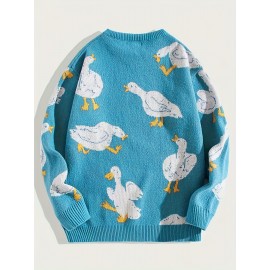 Men's Trendy Cute Pattern Animal Goose Pullover Casual Couple Street Round Neck Sweater Knitwear Warm