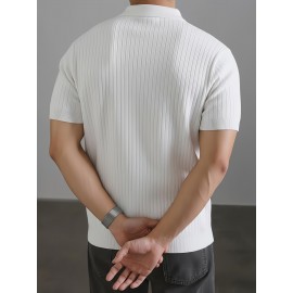 Men'S Summer Fashion Rib-Knit Polo Shirt | Short Sleeve, Lapel Collar, Rayon, Medium Stretch, Solid Color, Ideal for Business Travel and Casual Social Events