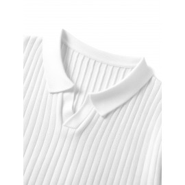 Men'S Summer Fashion Rib-Knit Polo Shirt | Short Sleeve, Lapel Collar, Rayon, Medium Stretch, Solid Color, Ideal for Business Travel and Casual Social Events