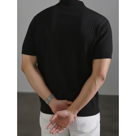 Men'S Summer Fashion Rib-Knit Polo Shirt | Short Sleeve, Lapel Collar, Rayon, Medium Stretch, Solid Color, Ideal for Business Travel and Casual Social Events