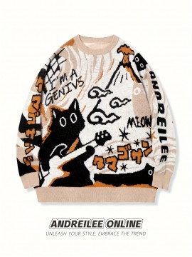 Unisex Autumn Fall Back to School Casual Loose Fit Commuter Simple Solid Color Versatile Round Neck Cartoon Jacquard Pattern Long Sleeve Pullover Knitted Fabric Top