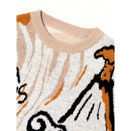 Unisex Autumn Fall Back to School Casual Loose Fit Commuter Simple Solid Color Versatile Round Neck Cartoon Jacquard Pattern Long Sleeve Pullover Knitted Fabric Top