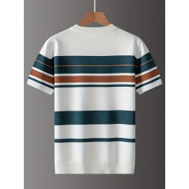 [Summer Striped T-Shirt] LVLAEA Men's Summer Striped Pullover T-Shirt | Short Sleeve, Crew Neck, Casual Rayon Blend, Rib-Knit, Slight Stretch, Fashionable Stripes, Everyday Wear, Regular Fit, Breathable, Skin-Friendly