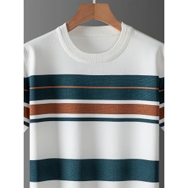 [Summer Striped T-Shirt] LVLAEA Men's Summer Striped Pullover T-Shirt | Short Sleeve, Crew Neck, Casual Rayon Blend, Rib-Knit, Slight Stretch, Fashionable Stripes, Everyday Wear, Regular Fit, Breathable, Skin-Friendly