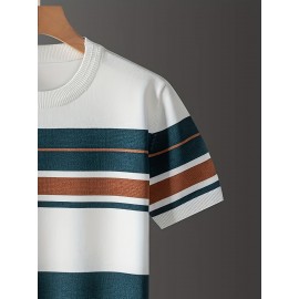 [Summer Striped T-Shirt] LVLAEA Men's Summer Striped Pullover T-Shirt | Short Sleeve, Crew Neck, Casual Rayon Blend, Rib-Knit, Slight Stretch, Fashionable Stripes, Everyday Wear, Regular Fit, Breathable, Skin-Friendly