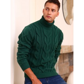 Men's Winter Knit Sweater Thickened Warm High Neck Pullover - Soft Cable Knit Design Solid Color Casual Cold Weather Sweaters for Office & Casual Attire (Regular Fit)