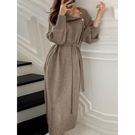 Women's Elegant Sweater Dress - Button-Front Collar High Neck Long Sleeve Dress, Solid Color Loose Fit Dress Suitable for Fall/Winter, Office to Semi-Formal Wear
